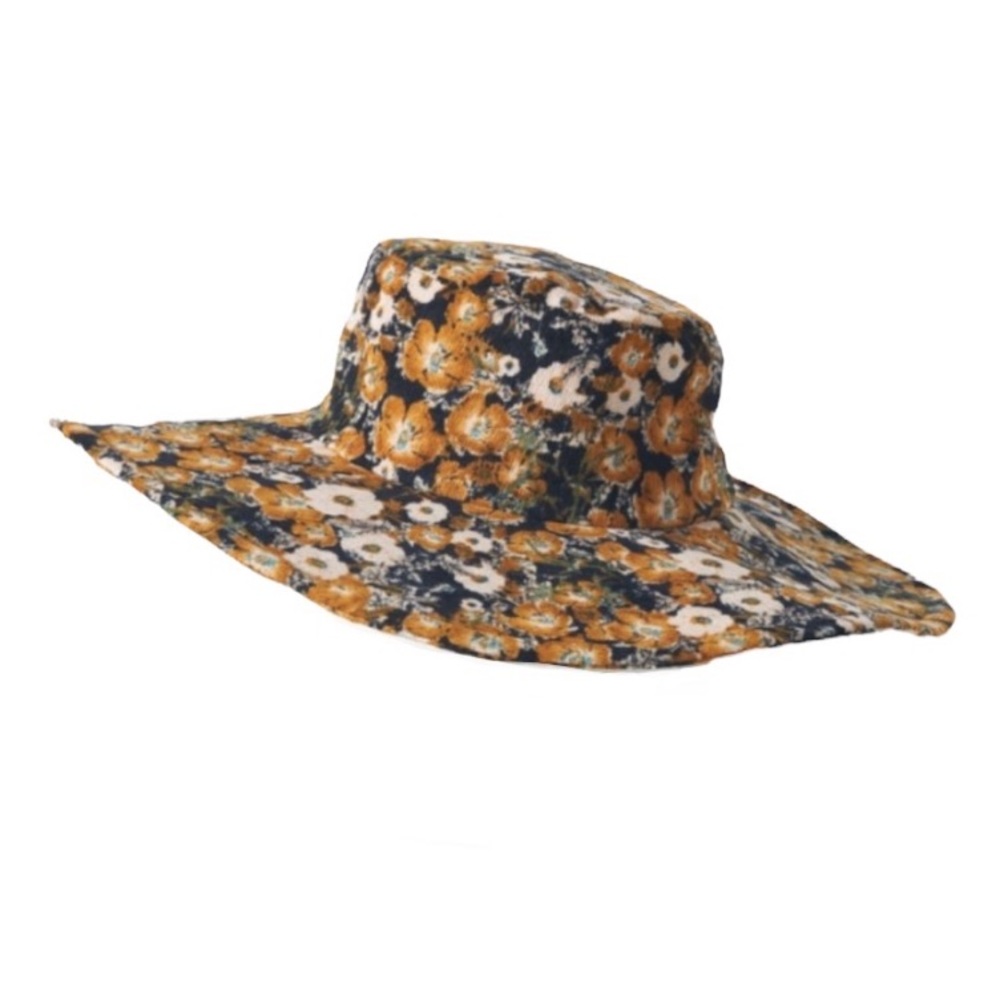 NWT Anthropologie Wide Brimmed Floral Hat - boho - dark navy brown mustard